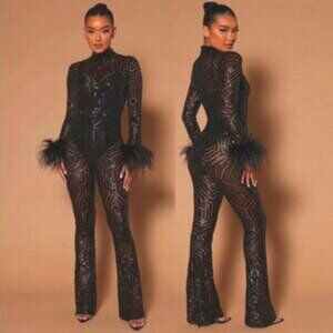 💋A BOMBSHELL!💋 Ostrich Feather Trim Sequin Lace Bodycon Jumpsuit in Black